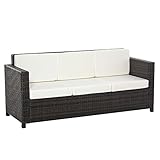 Outsunny Poly-Rattan Sofa mit Kissen 3-Sitzer Garten Loungesofa Metall Polyester Braun+Weiß 185 x 70 x 80 cm