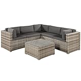 Juskys Polyrattan Gartenmöbel-Set Nassau wetterfest — Lounge mit Ecksofa, Tisch & Auflagen - Gartenlounge für 5 Personen — Sitzgruppe Beige-Grau