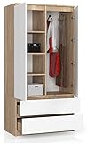 BDW 2 Türen, 4 Einlegeböden, Kleiderbügel, 2 Schubladen Kleiderschrank für das Schlafzimmer Wohnzimmer Diele 180x90x51cm (Eiche Sonoma/Weiß)