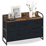 WEEU Kommode mit 5 Schubladen Wildleder Stoffschrank Niedrig Sideboard Vintage Highboard Metall Schränke Organizer TV Schrank Klein, Küche Schlafzimmer Büro Wohnzimmer Schwarz + Grau Holz + Stahl