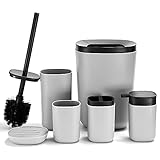 DUFU 6-teiliges Modernes Badezimmer Zubehör Set, Badezimmer Mülleimer Set, enthält Toilettenbürste, Zahnbürstenhalter, Zahnputzbecher, Seifenschale, Mülleimer, Lotionspender Grau