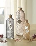 3er Set Deko-Vase Flasche aus satiniertem Glas, Blumenvase verziert mit kleinen Holz-Herzen, Glasvase in Grau- und Erdtönen, Vasenset, Flaschenvase