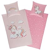 Aminata Kids Bettwäsche Einhorn 135x200, 80x80 cm Mädchen Baumwolle rosa mit YKK Reißverschluss - Wende Kinderbettwäsche - Wende-Kinder-Bettwäsche-Set - Regenbogen, Rose - Einhorn-Motiv, Pferde