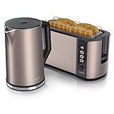 Arendo - Wasserkocher und Toaster SET Edelstahl Beige Wasserkocher 1,5L 40° 100°C Warmhaltefunktion Toaster 4 Scheiben LED-Display 6 Bräunungsgrade Brötchaufsatz