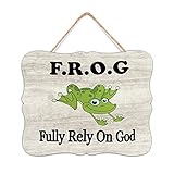 Holzschild mit Frosch-Aufschrift 'Fully Rely on God', Holzschild, Wanddekoration für Küche, Wohnzimmer, Zuhause, 19,8 x 24,9 cm