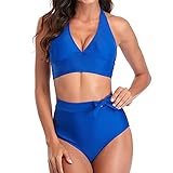 LoveLeiter Einfarbiger Damen Badeanzug Bauchweg Gepolstert Zweiteiliger Bademode sexy Bikini Set High Waist Bikinihose Sexy V Ausschnitt Crossover Ties-up Bikinioberteil Badeanzüge Bikinihose