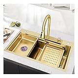 Waschbecken Gold Drop-In Oder Unterbau-Wasserfall-Nano-Küchenspüle Mit Glaswaschbecken, Edelstahl-Einzelbecken-Bar-Waschbecken, Mit Ausziehbarer Wasserhahn-Kombination, Für Restaurant, Küche