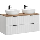 Lomadox Badmöbel Waschtisch Set, 120cm Unterschrank weiß matt gerillt, Wotaneiche, 2 Keramik-Waschbecken, 4 Softclose-Schubkästen, B/H/T 120,6/74,2/46,5 cm
