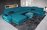 XXL Sofa Wohnlandschaft Bologna - mit LED Beleuchtung, verstellbare Kopfstützen, Recamiere/Mikrofaser/Ausrichtung wählbar (Ottomane Links, Schwarz-Azurblau)