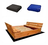 Ladanas® Sandkasten aus Holz mit wetterfester Tarpaulin Abdeckung (140 x 140 cm) - Bodenlose Sandkiste mit Abdeckplane & Faltbare Bank - Sandkästen rechteckig offen für Kinder