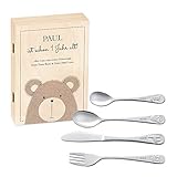 Maverton Kinderbesteck Set mit Gravur + Holzbox mit Aufdruck - mit Tieren - aus Edelstahl - Braun - Geschenk für Jungen zum Geburtstag zur Taufe Geburt - Bärchen