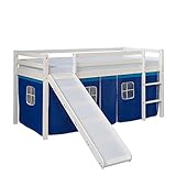 Homestyle4u 1544, Kinderbett 90x200 Weiß, Hochbett mit Rutsche Vorhang Blau, Holz Kiefer