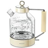 Wasserkocher Glas, ASCOT Glas Wasserkocher Elektrischer Wasserkocher Edelstahl, 2200W, 1,6L, Retro Design, BPA frei, leiser Schnellkochkessel, Trockengehschutz und automatische Abschaltung, Beige