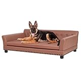 BingoPaw Hundesofa XXL für Große Hunde: Luxus Hundecouch aus atmungsaktivem wasserdichtem Leder - Mordern Haustiersofa mit Rückenlehne orthopädisches Hundekissen und Holzbeinen - Braun 120x78x40cm