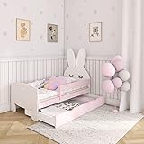(70x160, Rosa) NeedSleep Hase Rausfallschutz Kinderbett Komplett - Bett mit Lattenrost Schublade Matratze 70x140 70x160 | Kinder ab 2 Jahren | Mädchen Junge | Montessori Kinderzimmer Funktionsbett