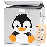 elb finesse ® Aufbewahrungsbox Kinder I süße Tierwelten Motive I extra stabile Spielzeugkiste mit Deckel für Kinderzimmer I Spielzeug Box (33x33x33) zur Aufbewahrung I Ordnungsbox I (Pino Pinguin)