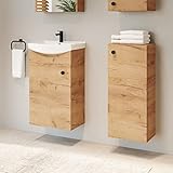 Planetmöbel Badset aus Unterschrank 45cm mit Waschbecken und 1x Midischrank in Gold Eiche, Set für Badezimmer 3-teilig