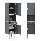 COSTWAY Hochschrank mit 5 Fächern und 2 Türen, Badezimmerschrank schmal, Badregal Badschrank für Badezimmer, Wohnzimmer, Küche, Weiß