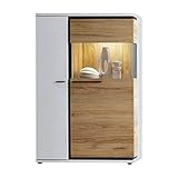 Lomadox Wohnzimmer Highboard mit Glaseinsatz in weiß Eiche Nb. inkl. LED-Beleuchtung, modern, Vitrine, B/H/T ca. 93/140/37 cm