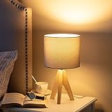 EDISHINE Tischlampe Vintage, Nachttischlampe Grau, Stativ Holz LED Tischleuchte, Retro Landhaus, E27 Fassung, Lampenschirm aus Leinen, für Deko Schlafzimmer, Wohnzimmer