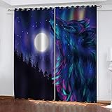 GSKOQD Gardinen Kinderzimmer Blickdicht - 2 Stück 264X240Cm (B X H) 3D Digitaldruck Vollmond-Cartoon-Tierwolf Vorhang Verdunklungsvorhänge Schlafzimmer Wohnzimmer Ösenschal Kinder Thermovorhang