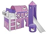 Lilokids Sonderpreis Set Angebot - Spielbett JELLE Hello Kitty Lila mit Rutsche - Hochbett Weiß - mit Vorhang, Turm, Tunnel und Taschen