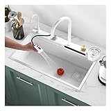 Waschbecken, weißes Nano-Wasserfall-Waschbecken mit Glas-Becherspüle, Küchenspüle, Einzelbecken-Bar-Waschbecken aus Edelstahl, Bauernhaus-Arbeitsplatz-Spüle mit ausziehbarer Wasserhahn-Kombi