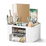 Schreibtisch Organizer, Tisch Organizer mit 2 Schubladen, Kinder Desk Organizer mit 4 Fächer Stifthalter Organizer, Multifunktionaler Schreibtisch Organizer für Büro Zuhause Schule, Weiß