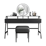 CALMR Schlichtes Schminktisch-Set, moderner Schminktisch mit LED-Beleuchtung, Spiegel, Schminktisch mit Schubladen, Nachttisch mit Make-up-Hocker