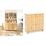 Inter Link Buffet Vitrinenschrank Küchenschrank Geschirrschrank Kiefer Massivholz Natur lackiert & Kommode Anrichte Sideboard Mehrzweckschrank Beistellschrank Kiefer massiv Natur lackiert