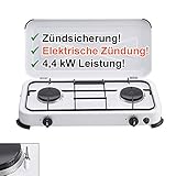 Camping-Kocher Gaskocher 2-flammig 50 mbar weiss mit Zündsicherung, mit elektrischer Zündung Gasherd 2 Brenner