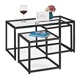 Relaxdays Beistelltisch 3er Set, Couchtisch & 2 Beitische, Metall & Glas, platzsparend, Satztische Wohnzimmer, schwarz