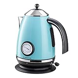 Klarstein - Aquavita Chalet, Wasserkocher, Teekocher, Retro Wasserkessel Design, 1,7 Liter, 2200 Watt, kabellos, Vintage Temperatur-Anzeige, Cool-Touch-Griff, blau