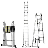 16,5Ft Aluminium Teleskopische Verlängerungsleiter 5M Ausziehbare faltende Mehrzweck-Schritt-Leiter A-Rahmen Leichte Leiter mit Stützstange Anti-Rutsch EN131 Zertifiziert (2,5m + 2,5m)