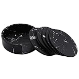 Duendhd Untersetzer, 6-teilig, mit Ständer, Schutzmatten aus Glas, rund, Schwarz und Marmor, für den Einsatz in und in der Küche