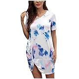 tsaChick Sommerkleid Große Größen Frauen Rock Solide Farbe V-Ausschnitt Twist Knoten Kurzarm T-Shirt Hundert Match Dünnes Kleid Damen Kleider Sommer Knielang Kleid Damen Festlich Damen Kleid