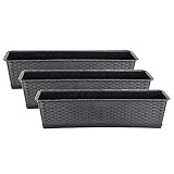 BigDean 3er Set Blumenkasten mit Untersetzer 70 cm lang Rattan-Optik anthrazit - aus PP-Kunststoff - Balkon Pflanzkasten schmal Balkonkasten