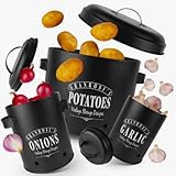 Granrosi Aufbewahrungsbox 3er Set, Küche Aufbewahrung & Organisation Vorratsdose mit Deckel für Kartoffeln, Zwiebeln & Knoblauch, Vintage Design Topf für lange Haltbarkeit (Schwarz)