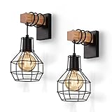 ENCOFT 2er Wandleuchten Innen Vintage Wandlampe Industrial Retro Lampe aus Eisen und Holz E27 fürTreppenhaus Flur Cafe Bar Restaurant Hotel Schlafzimmer Wohnzimmer (2 Pack)