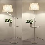 MUZIZY Moderne Stehlampe mit Schwingarm, klassische Lampe mit ausziehbarem Arm, Lampenschirm aus Leinenstoff, hohe Stehlampe für Wohnzimmer, Schlafzimmer, Familienzimmer, Büro, Weiß Happy Many Times