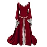 Eauptffy Mittelalter Kleid Damen Kostüm Langes Kleider Mittelalterliches Kleid Mit Langen Ärmeln Für Frauen Cosplay Bodenkleid V Ausschnitt Kleid Mittelalterkostüm Plus Size