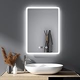 HY-RWML Badspiegel mit Beleuchtung, 50x70cm LED Spiegel Uhr Rechteckiger Wandspiegel Badezimmerspiegel mit Beschlagfrei Touch Schalter Kaltweiß 6500K IP67 energiesparend A++ Badezimmer Wohnzimmer