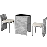 TecTake 800957 Aluminium Polyrattan Bistroset 3tlg, platzsparend zusammenschiebbar, Set mit 2 Stühlen & Tisch, Sitzgruppe für Garten Balkon Terrasse, inkl. Sitzkissen (Hellgrau | Nr. 403768)