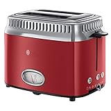 Russell Hobbs Toaster [für 2 Scheiben] Retro Edelstahl Rot (Countdown-Anzeige im Retrodesign, inkl. Brötchenaufsatz, 6 Bräunungsstufen + Auftau- & Aufwärmfunktion, 1300W) Vintage 21680-56