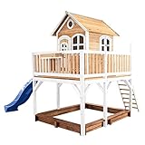 AXI Spielhaus Liam mit Sandkasten & Blauer Rutsche | Stelzenhaus XXL in Braun & Weiß aus FSC Holz für Kinder | Spielturm mit Wellenrutsche für den Garten