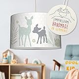 LOVELY LABEL Zauberhafte Deckenlampe Häschen & Rehe für Kinderzimmer Babyzimmer ø 30 x 20 cm - Deko Deckenleuchte Junge komplett mit Lampenschirm & Leuchtmittel - Baby Kinder Lampe Decke - Mint Beige