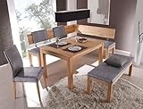 expendio Tischgruppe Ausziehtisch Grover XL 150(250) x90 cm Kernbuche + 2X Bank Calla + 1x Stuhl Cordia Bezug Loco Shark Skin, kurzer Schenkel bei Eckbank:rechts