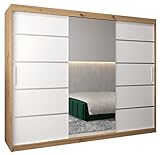 Kryspol Schwebetürenschrank Verona 2-250cm mit Spiegel Kleiderschrank mit Kleiderstange und Einlegeboden Schlafzimmer- Wohnzimmerschrank Schiebetüren Modern Design (Artisan Eiche + Weiß)