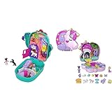 Polly Pocket GKJ46 - Kaktus-Reiterhof Schatulle mit lustigen Überraschungen, den kleinen Puppen Polly und Shani & HCG20 - Einhorn Tee-Party Spielset, Schatulle mit Glitzer-Einhorn