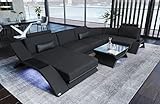 Sofa Wohnlandschaft Calabria - mit LED Beleuchtung, verstellbare Kopfstützen, Recamiere/Mikrofaser/Ausrichtung wählbar (Ottomane Links, Schwarz-Dunkelgrau)